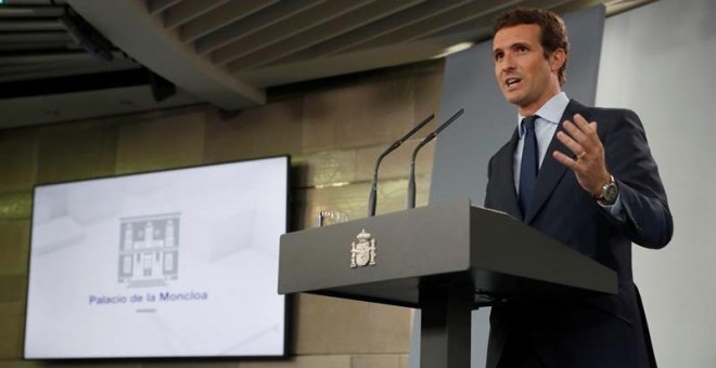 Pablo Casado en rueda de prensa después de la primera reunión con Pedro Sánchez desde que es presidente del PP | Foto: EFE