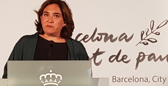 La alcaldesa de Barcelona, Ada Colau, en su declaración institucional la víspera del aniversario del 17A. EUROPA PRESS