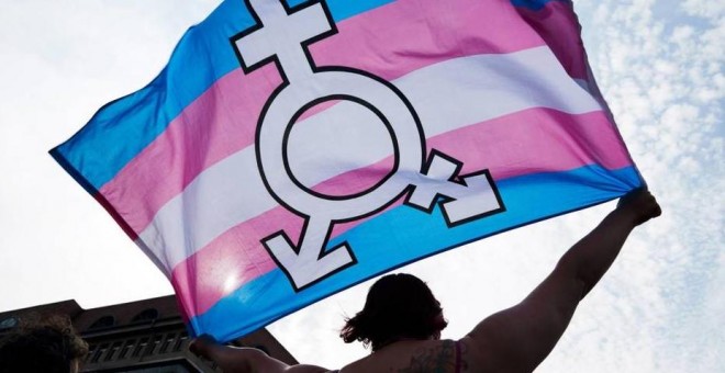 Una persona sujeta una bandera trans y género neutro durante una manifestación en Berlín. | EFE