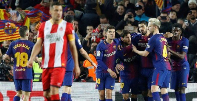 Los jugadores del Barça celebran uno de los goles ante el Girona en el encuentro liguero disputado el pasado 24 de febrero. EFE