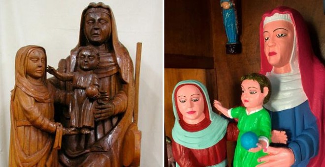 Una figura de la Virgen con el Niño y Santa Ana, antes y después de la polémica restauración.
