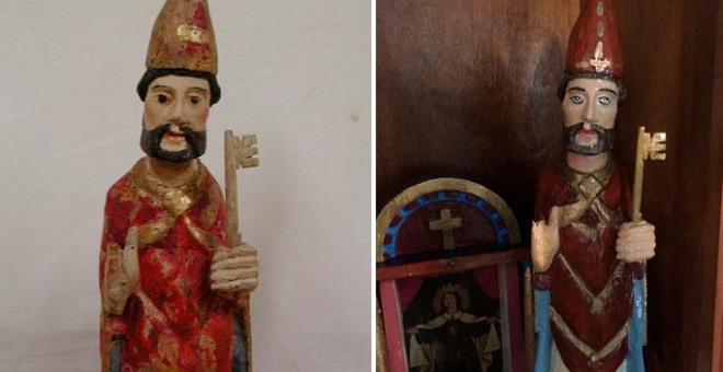 La talla de San Pedro, antes y después de la restauración.