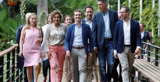 El presidente del PP, Pablo Casado, a su llegada a la Junta Directiva Nacional en Barcelona.EFE/Toni Albir