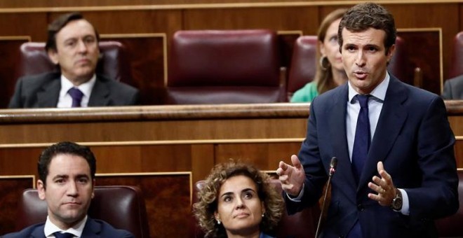 12/09/2018.- El presidente del PP, Pablo Casado, interviene en la sesión de control al Gobierno hoy en el Congreso. EFE/Mariscal