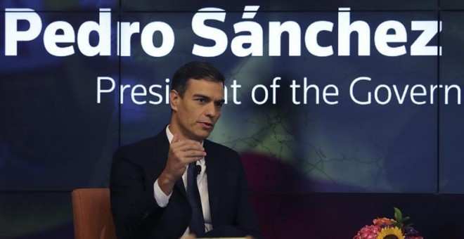 27/09/2018.- El presidente del Gobierno español, Pedro Sánchez, interviene en un foro de la agencia Reuters hoy en Nueva York. EFE/Ballesteros