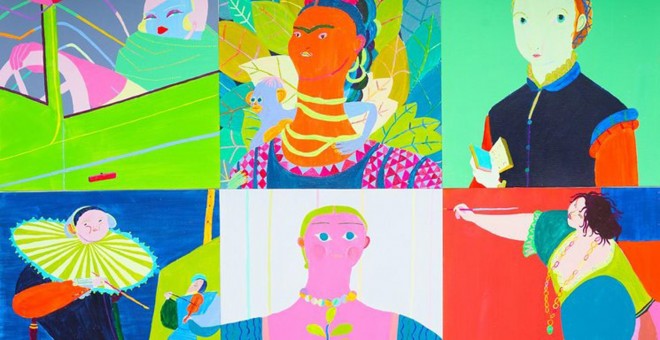 Ilustraciones de Laura López Balza para el libro a partir de los autorretratos de Tamara de Lempicka, Frida Kahlo, Sofonisba Anguissola, Judith Leyster, Paula Modersohn-Becker y Artemisia Gentileschi.