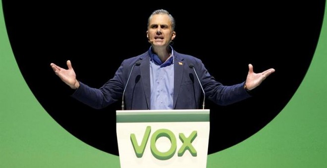 El secretario general de Vox, Javier Ortega Smith, durante el acto de la organización en el Palacio de Vistalegre de Madrid - EFE/ Paolo Aguilar