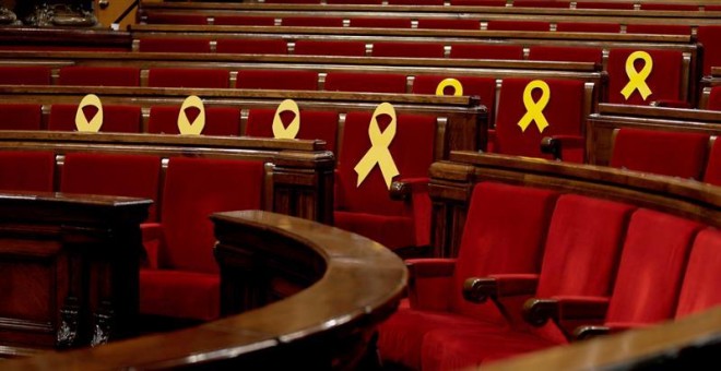 04/10/2018.- Vista general del hemiciclo del Parlament de Catalunya, el día que el pleno debatirá y votará las propuestas de resolución presentadas por los grupos parlamentarios, en la tercera y última jornada del Debate de Política General, tras las tens