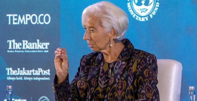 09/10/2018.- La directora gerente del Fondo Monetario Internacional (FMI), Christine Lagarde, participa en un seminario en el ámbito de la reunión anual del FMI y el Banco Mundial en Nusadua, Bali (Indonesia) hoy 9 de octubre de 2018. EFE/Made Nagi