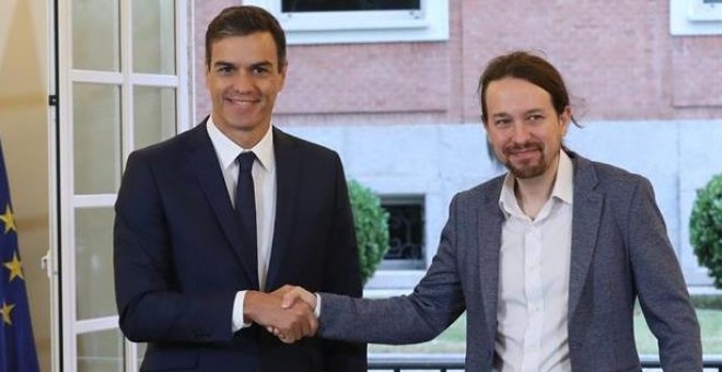 El presidente del Gobierno, Pedro Sánchez, y el secretario general de Podemos, Pablo Iglesias, en el Palacio de la Moncloa en la firma del acuerdo sobre el proyecto de ley de presupuestos para 2019. EFE/ Zipi