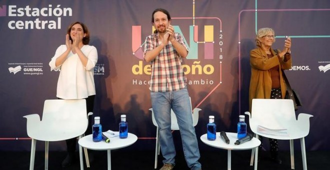 El líder de Podemos Pablo Iglesias, interviene en el debate de la universidad de otoño de Podemos, en una ponencia titulada 'Un debate entre alcaldesas', con la participación de las alcaldesas de Barcelona, Ada Colau, y de Madrid, Manuela Carmena, en una