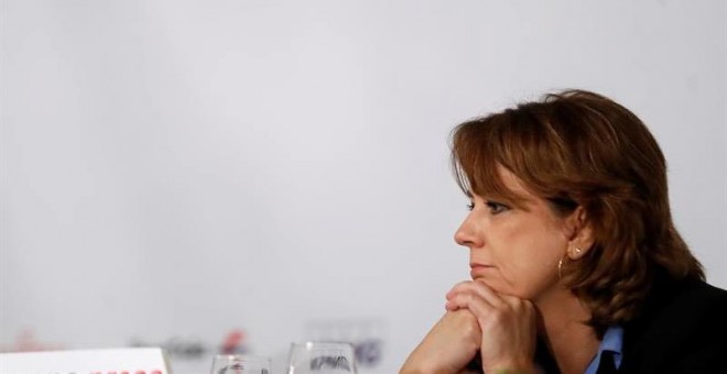 La ministra de Justicia, Dolores Delgado, durante su participación en un desayuno informativo celebrado en Madrid. (JUAN CARLOS HIDALGO | EFE)