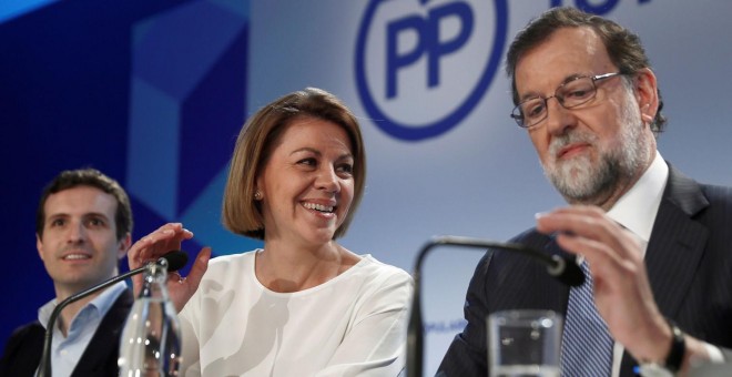 Pablo Casado, María Dolores de Cospedal y Mariano Rajoy, durante una reunión de la Junta Directiva Nacional del PP. - EFE