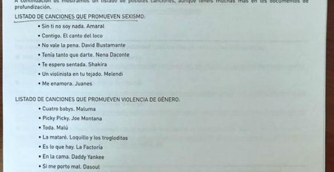 Documento que recoge las canciones que el gobierno navarro considera machistas. Twitter