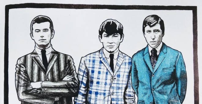 Ilustración de Tete Navarro en la que se puede ver a Eric Clapton, Eric Burdon y Chris Farlowe vestidos con indumentaria mod