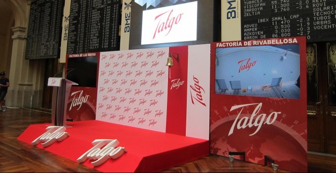 Escenario de Talgo en la Bolsa de Madrid en el primer día de cotización del fabricante ferroviario. E.P.