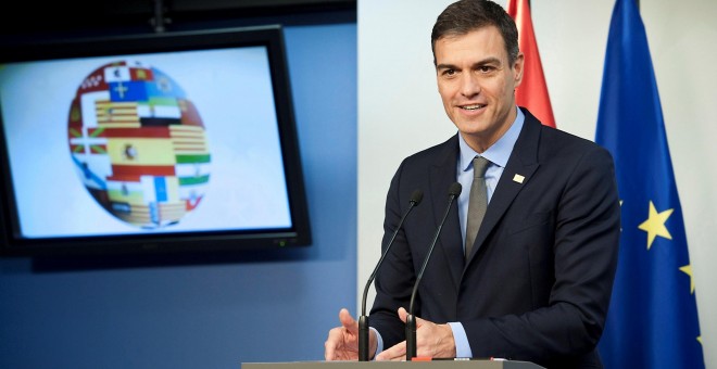 El presidente del Gobierno español, Pedro Sánchez, durante su comparecencia ante los periodistas tras la reunión del Consejo Europeo que avaló el acuerdo entre la Unión Europea y el Reino Unido para hacer efectivo el brexit. EFE/ Horst Wagner