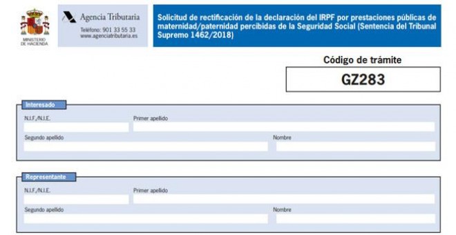 Documento para reclamar la devolución del IRPF por las prestaciones de maternidad y paternidad.