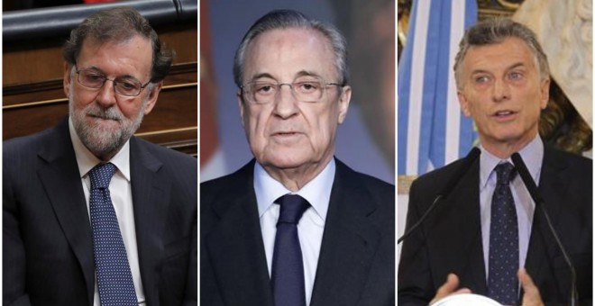 De izquierda a derecha: Mariano Rajoy, Florentino Pérez y Mauricio Macri.