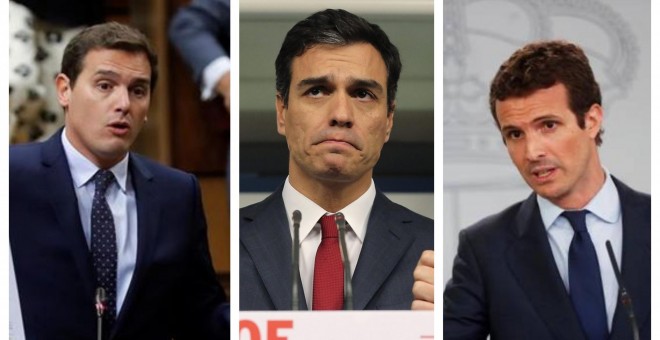 De izquierda a derecha: Albert Rivera, Pedro Sánchez y Pablo Casado. EFE