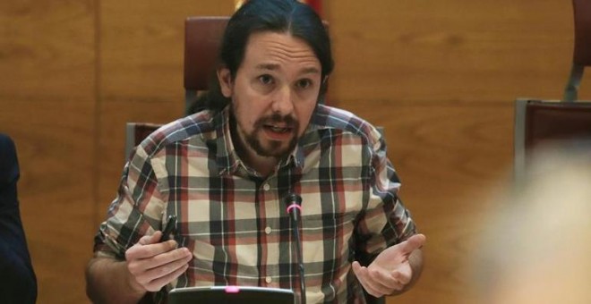El secretario general de Podemos, Pablo Iglesias, comparece en la Comisión de investigación sobre la financiación de los partidos políticos, esta mañana en el Senado. EFE/J.J. Guillen