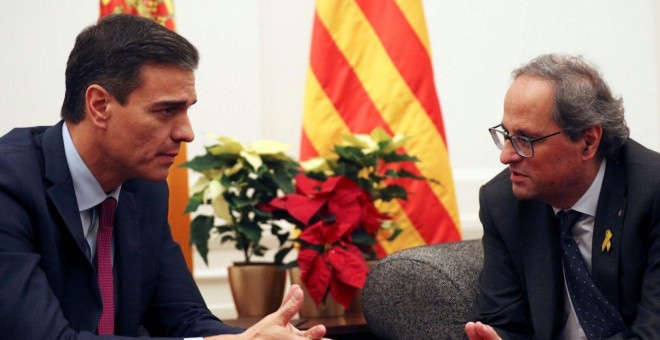 Pedro Sánchez i Quim Torra a la reunió que han mantingut al Palau de Pedralbes.