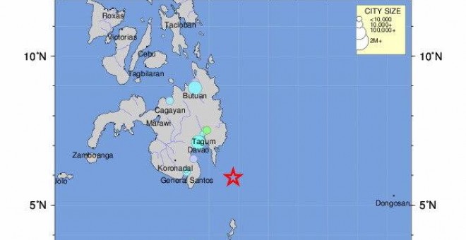 Epicentro del terremoto de magnitud 6,9 que ha sacudido el mar en el sur de Filipinas./ EFE