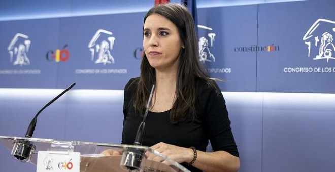 La portavoz de Unidos Podemos, Irene Montero, en una rueda de prensa en el Congreso / Podemos - Daniel Gago