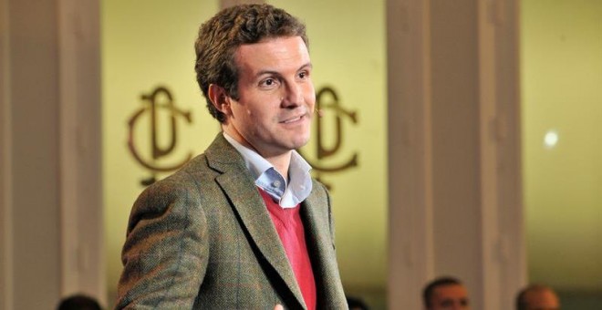 30/12/2018.- El presidente del PP, Pablo Casado, durante el acto de presentación de los candidatos de Castilla-La Mancha celebrado hoy en Albacete. EFE/Manu