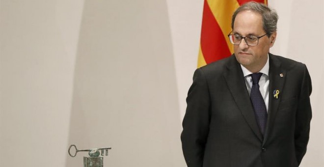 El presidente de la Generalitat, Quim Torra, durante una comparecencia en el Palau. (ANDREU DALMAU | EFE)