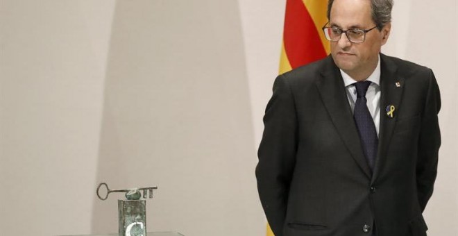 El presidente de la Generalitat, Quim Torra, durante una comparecencia en el Palau. (ANDREU DALMAU | EFE)