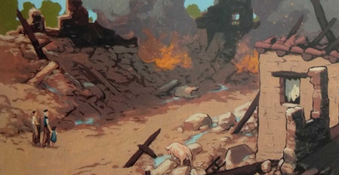 Imagen del cómic Sola, en la que se retratan los bombardeos en Catalunya.