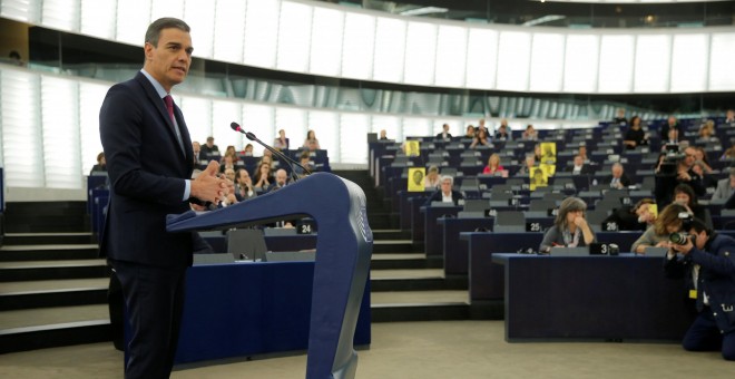 El presidente del Gobierno, Pedro Sánchez, durante su intervención en el Parlamento Europeo, en Estrasburgo. REUTERS/Vincent Kessler