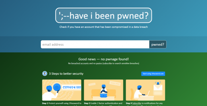 Página web que notifica sobre si el 'email' o contraseña del usuario ha sido 'hackeado'