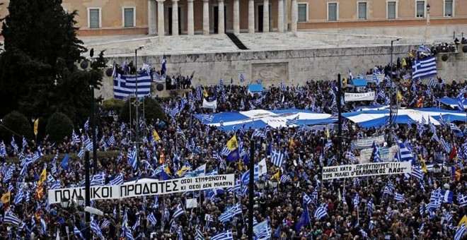 People from all over Greece protest against the Prespes agreement between Athens and Skopje regarding the name 'Northern Macedonia' for the Balkan country, at a rally in Syntagma Square, Athens, Greece, 20 January 2019. The naming dispute aroused after th