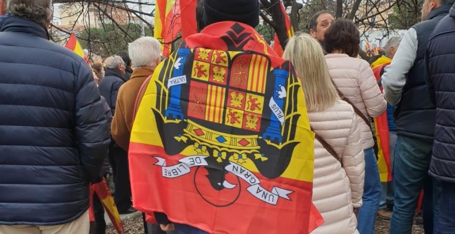 Un manifestante porta una bandera franquista