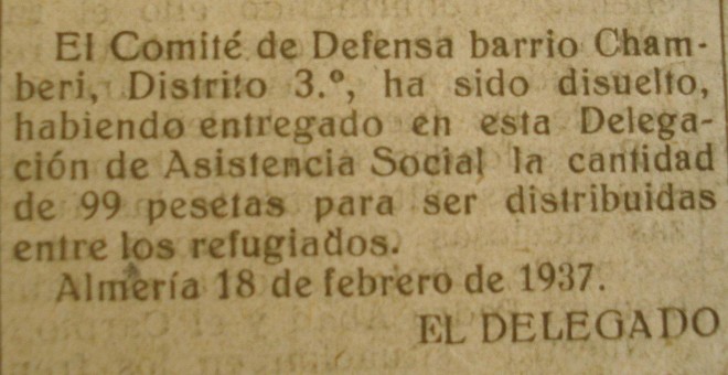 Anuncio del Comité Nacional de Refugiados el 18 de febrero de 1937