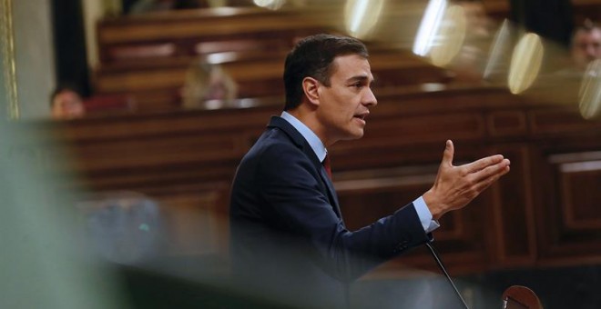 El presidente del Gobierno, Pedro Sánchez, este miércoles en el último pleno del Congreso. EFE/J.P.Gandul