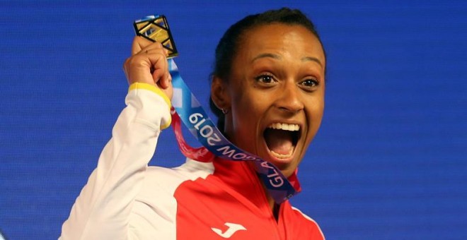 Gold medalist Ana Peleteiro of Spain reacts during the award ceremony for the women's triple jump at the 35th European Athletics Indoor Championships, Glasgow, Britain, 03 March 2019. (Triple salto, España) EFE/EPA/ROBERT PERRY