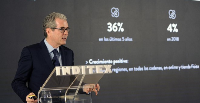 El presidente ejecutivo de Inditex, Pablo Isla, durante la presentación de resultados de 2018. E.P./M. Dylan