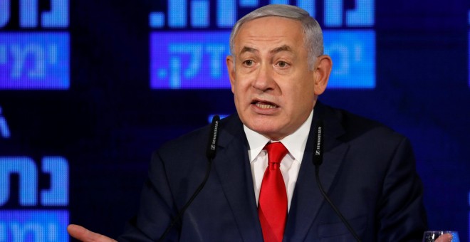 El primer ministro israelí, Benjamín Netanyahu, durante un discurso en plena campaña electoral. / REUTERS - AMIR COHEN