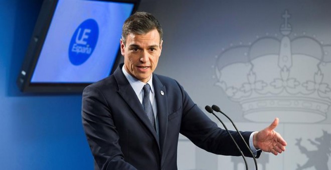 El presidente del Gobierno español, Pedro Sánchez, durante la rueda de prensa ofrecida hoy en Bélgica./EFE