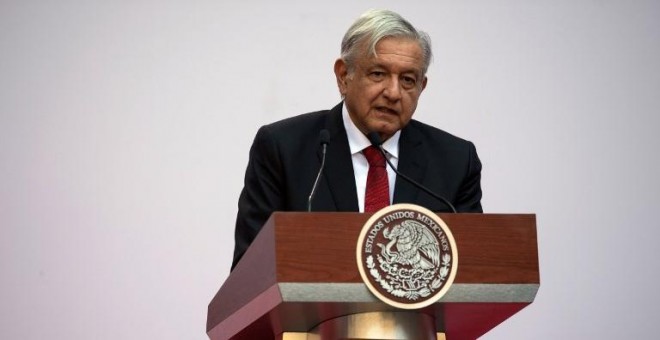 El presiodente de México, Andres Manuel Lopez Obrador, en una intervención el pasado 22 de marzo en el Palacio Nacional con motivo de los 100 días de su llegada al poder. AP/Pedro Pardo