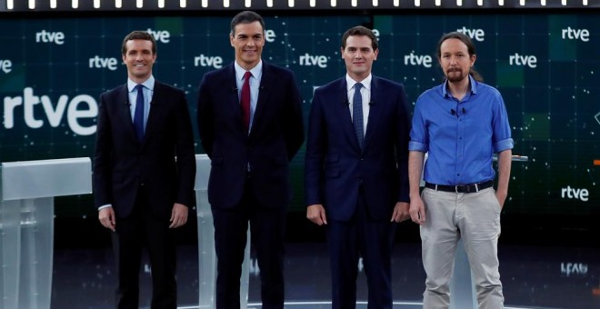 Pablo Casado, Pedro Sánchez, Albert Rivera y Pablo Iglesias en el debate a cuatro en RTVE. /REUTERS