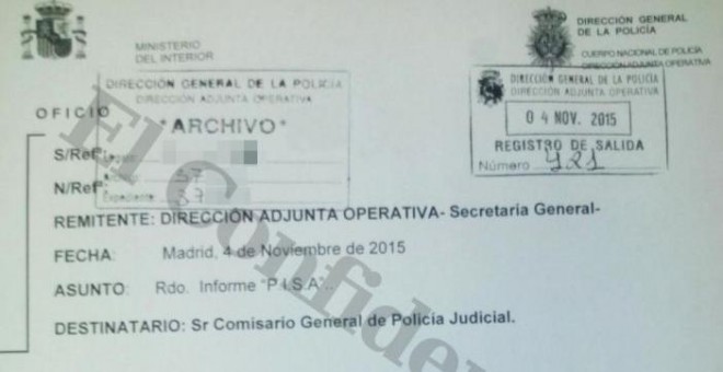 El oficio de la Dirección Adjunta Operativa a la UDEF con fecha 4 de noviembre, tres días después del robo, y que fue filtrado a El Confidencial para justificar la Policía que el PISA era un informe oficial y no una operación ilegal de al brigada política