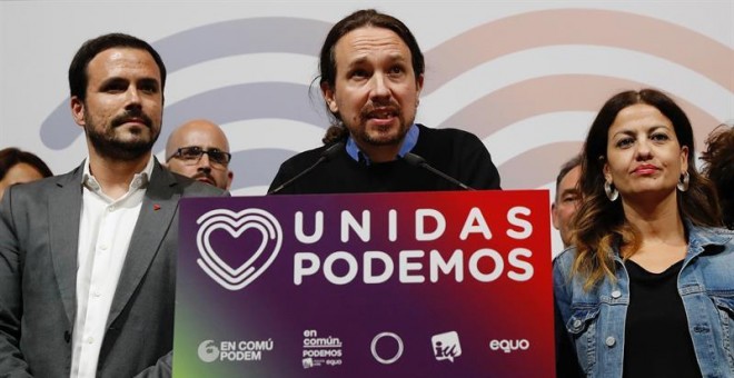 Iglesias, durante su comparecencia para valorar los resultados de las elecciones. EFE/J.P. Gandúl