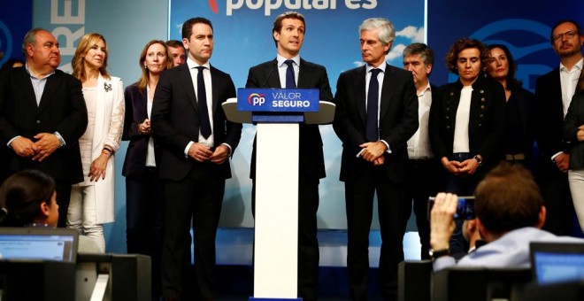 El presidente del PP, Pablo Casado, con sus equipo, valora los resultados de las elecciones del 28-A, en la sede del partido en la madrileña calle de Génova. REUTERS/Juan Medina