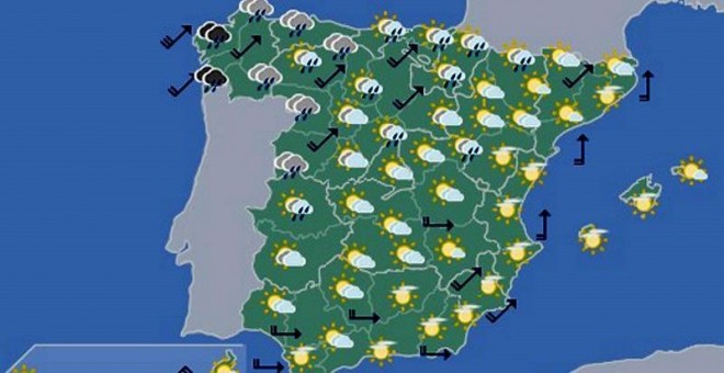 Mapa de las previsiones meteorológicas en España para este jueves. AEMET