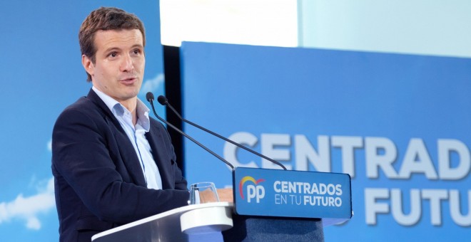 13/05/2019.- El presidente nacional del PP, Pablo Casado, durante su intervención en un mitin en Logroño. EFE/Abel Alonso