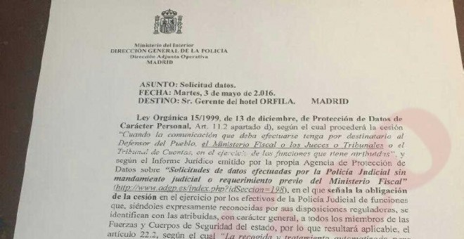 Documento interno de la Policía que recoge el hospedaje en el hotel Orfila de los testigos falsos contra Podemos.
